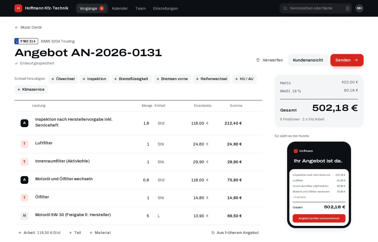 werkstattklar: writing a quote with labour and parts, next to a preview of what the customer sees